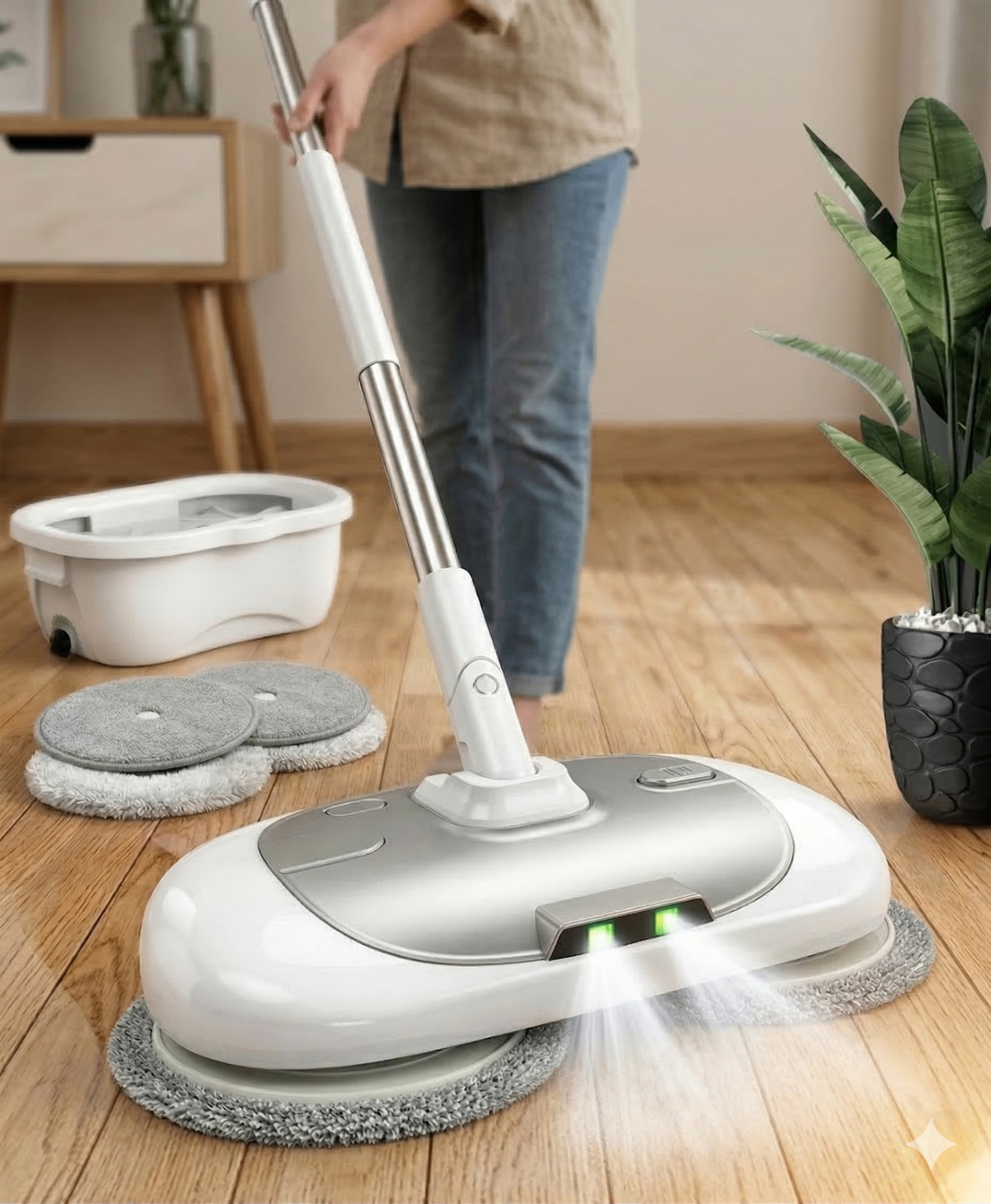 Pessoa usando o mop elétrico sem fio na sala, com o balde de limpeza ao lado